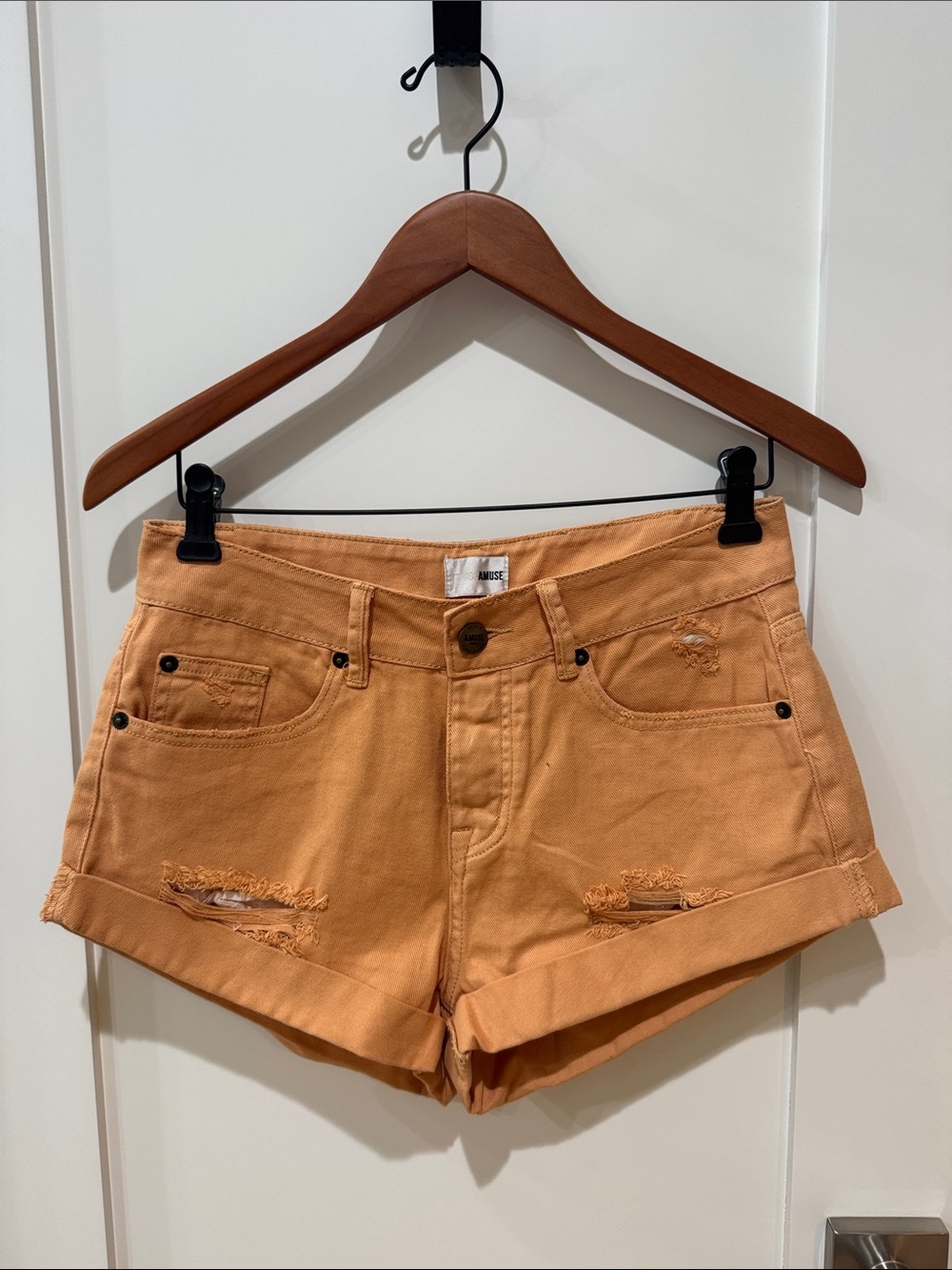 Amuse Society Orange Distressed High-Rise Denim Shorts